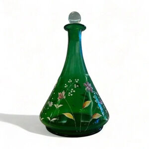 Victorian Glass Bohemian Green Floral Decanter Hand Painted